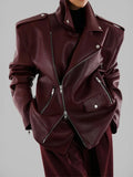 GETADME Fashion Collar Long Sleeved Zipper Women's Leather Jacket Vintage Pocket Loose Solid Color Coat Autumn Female New Street Outwear