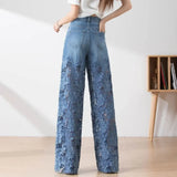 Jean élégant et tendance GETADME pour femme, taille haute, empiècements en dentelle, pantalon oversize ajouré, coupe ample et décontractée, idéal pour le printemps.