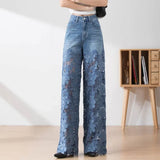Jean élégant et tendance GETADME pour femme, taille haute, empiècements en dentelle, pantalon oversize ajouré, coupe ample et décontractée, idéal pour le printemps.