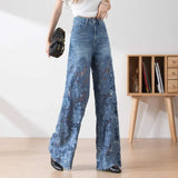 Jean élégant et tendance GETADME pour femme, taille haute, empiècements en dentelle, pantalon oversize ajouré, coupe ample et décontractée, idéal pour le printemps.