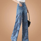 Jean élégant et tendance GETADME pour femme, taille haute, empiècements en dentelle, pantalon oversize ajouré, coupe ample et décontractée, idéal pour le printemps.