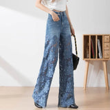 Jean élégant et tendance GETADME pour femme, taille haute, empiècements en dentelle, pantalon oversize ajouré, coupe ample et décontractée, idéal pour le printemps.