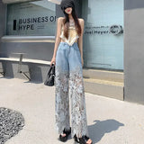 GETADME Fashion Elegant Jeans for Women High Waist Lace Patchworl Hollow Out Irregular Pantalones De Mujer Casual Loose All Match Pants