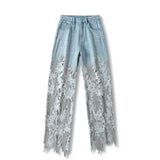 GETADME Fashion Elegant Jeans for Women High Waist Lace Patchworl Hollow Out Irregular Pantalones De Mujer Casual Loose All Match Pants