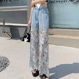 GETADME Fashion Elegant Jeans for Women High Waist Lace Patchworl Hollow Out Irregular Pantalones De Mujer Casual Loose All Match Pants