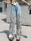 GETADME Fashion Elegant Jeans for Women High Waist Lace Patchworl Hollow Out Irregular Pantalones De Mujer Casual Loose All Match Pants