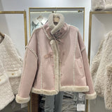 GETADME Fashion Lamb Wool Fur Coats Women Winter New Stand Collar Single Breasted Thick Warm Jacket Environmental Protection Fur Tops