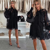 GETADME Fashion Lantern Sleeve Loose Dress New Sexy Perspective Lace Embroidered Chiffon Women Dress 2025 Spring Bow Tie Up Party Dress