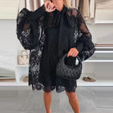 GETADME Fashion Lantern Sleeve Loose Dress New Sexy Perspective Lace Embroidered Chiffon Women Dress 2025 Spring Bow Tie Up Party Dress