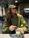 GETADME Fashion Lapel Collar Green Pu Leather Short Jackets For Women Locomotive Button Long Sleeve Coats Female 2025 Autumn Office Wear