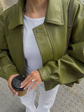 GETADME Fashion Lapel Collar Green Pu Leather Short Jackets For Women Locomotive Button Long Sleeve Coats Female 2025 Autumn Office Wear