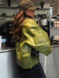 GETADME Fashion Lapel Collar Green Pu Leather Short Jackets For Women Locomotive Button Long Sleeve Coats Female 2025 Autumn Office Wear