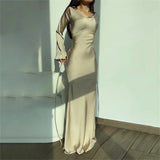 GETADME Fashion Long Dresses Simple Elegant Round Neck Satin Flare Sleeve Slim Solid Lace Up Slim Dresses Sexy 2025 Women New Dress