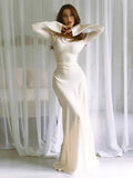 GETADME Fashion Long Dresses Simple Elegant Round Neck Satin Flare Sleeve Slim Solid Lace Up Slim Dresses Sexy 2025 Women New Dress