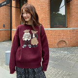 GETADME Fashion Lovely Women Cartoon Jacquard Sweater Loose Retro Jumper Winter Autumn Cute Bear Pattern Sweaters Pullover Korean Trendy