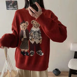 GETADME Fashion Lovely Women Cartoon Jacquard Sweater Loose Retro Jumper Winter Autumn Cute Bear Pattern Sweaters Pullover Korean Trendy