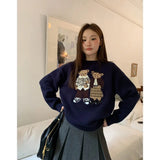 GETADME Fashion Lovely Women Cartoon Jacquard Sweater Loose Retro Jumper Winter Autumn Cute Bear Pattern Sweaters Pullover Korean Trendy