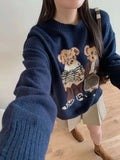 GETADME Fashion Lovely Women Cartoon Jacquard Sweater Loose Retro Jumper Winter Autumn Cute Bear Pattern Sweaters Pullover Korean Trendy