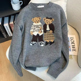 GETADME Fashion Lovely Women Cartoon Jacquard Sweater Loose Retro Jumper Winter Autumn Cute Bear Pattern Sweaters Pullover Korean Trendy