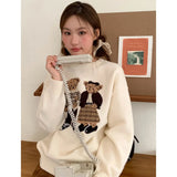 GETADME Fashion Lovely Women Cartoon Jacquard Sweater Loose Retro Jumper Winter Autumn Cute Bear Pattern Sweaters Pullover Korean Trendy