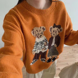GETADME Fashion Lovely Women Cartoon Jacquard Sweater Loose Retro Jumper Winter Autumn Cute Bear Pattern Sweaters Pullover Korean Trendy