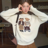 GETADME Fashion Lovely Women Cartoon Jacquard Sweater Loose Retro Jumper Winter Autumn Cute Bear Pattern Sweaters Pullover Korean Trendy