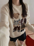 GETADME Fashion Lovely Women Cartoon Jacquard Sweater Loose Retro Jumper Winter Autumn Cute Bear Pattern Sweaters Pullover Korean Trendy