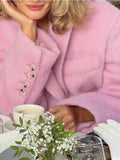 GETADME 패션 핑크 라펠 긴팔 여성 블레이저 재킷 따뜻하고 두꺼운 싱글 브레스티드 루즈 아웃웨어 오피스 레이디 출퇴근 스트리트웨어