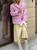 GETADME 패션 핑크 라펠 긴팔 여성 블레이저 재킷 따뜻하고 두꺼운 싱글 브레스티드 루즈 아웃웨어 오피스 레이디 출퇴근 스트리트웨어