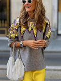 GETADME Fashion Round Neck Long Sleeved Women's Pullover Sequined Knitted Loose Contrasting Sweater 2024 Female New Fall Streetwear