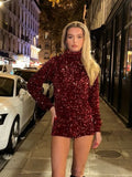 GETADME Fashion Sequins Shorts Sets Women Slim Shinny Turtleneck Long Sleeve Top High Waist Short Pants Suit 2025 New Lady Party Outfits
