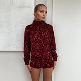 GETADME Fashion Sequins Shorts Sets Women Slim Shinny Turtleneck Long Sleeve Top High Waist Short Pants Suit 2025 New Lady Party Outfits