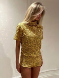 GETADME Fashion Sequins Shorts Sets Women Slim Shinny Turtleneck Long Sleeve Top High Waist Short Pants Suit 2025 New Lady Party Outfits
