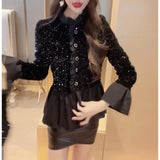 GETADME Fashion Splicing Sequin Jacket Women Single-breasted Plicated Long Sleeve Tops Female Spring Casual Solid Black Coat