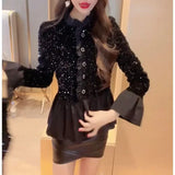 GETADME Fashion Splicing Sequin Jacket Women Single-breasted Plicated Long Sleeve Tops Female Spring Casual Solid Black Coat