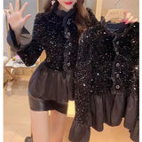 GETADME Fashion Splicing Sequin Jacket Women Single-breasted Plicated Long Sleeve Tops Female Spring Casual Solid Black Coat