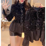 GETADME Fashion Splicing Sequin Jacket Women Single-breasted Plicated Long Sleeve Tops Female Spring Casual Solid Black Coat