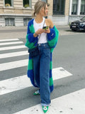 GETADME Fashion Stripe Long Cardigan Sweater Women Lantern Long Sleeve Loose Oversize Knitted Coat  Autumn Lady Chic Streetwear Overcoat