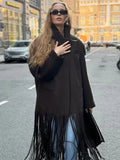 GETADME Fashion Tassels Woolen Long Coats Women Elegant Lapel Single Breasted Oversized Jackets 2025 Autumn New Lady Street Outerwears