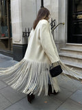 GETADME Fashion Tassels Woolen Long Coats Women Elegant Lapel Single Breasted Oversized Jackets 2025 Autumn New Lady Street Outerwears