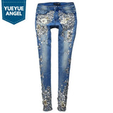 GETADME Fashion Vintage Women Luxury Embroidered Flares Diamond Denim Jeans Women Beaded Skinny Slim Fit Stretch Pencil Pants Trousers