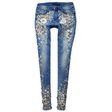 GETADME Fashion Vintage Women Luxury Embroidered Flares Diamond Denim Jeans Women Beaded Skinny Slim Fit Stretch Pencil Pants Trousers
