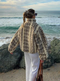 GETADME Fashion Woman Printed Wool Blend Stand Collar Jacket Zipper Front Long Sleeved Furry Coats Relaxed Autumn Winter Jacket Coat