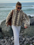 GETADME Fashion Woman Printed Wool Blend Stand Collar Jacket Zipper Front Long Sleeved Furry Coats Relaxed Autumn Winter Jacket Coat