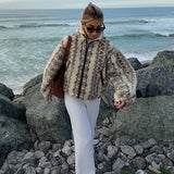 GETADME Fashion Woman Printed Wool Blend Stand Collar Jacket Zipper Front Long Sleeved Furry Coats Relaxed Autumn Winter Jacket Coat