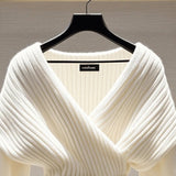 GETADME Fashion Women White Knitted Sweater Blouses V-neck Long Sleeve New Vintage Top Soft Luxury Pullovers Sweater 2025 Autumn Winter