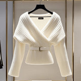 GETADME Fashion Women White Knitted Sweater Blouses V-neck Long Sleeve New Vintage Top Soft Luxury Pullovers Sweater 2025 Autumn Winter