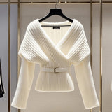 GETADME Fashion Women White Knitted Sweater Blouses V-neck Long Sleeve New Vintage Top Soft Luxury Pullovers Sweater 2025 Autumn Winter