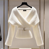 GETADME Fashion Women White Knitted Sweater Blouses V-neck Long Sleeve New Vintage Top Soft Luxury Pullovers Sweater 2025 Autumn Winter