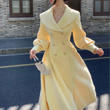 GETADME Fashion Women's Long Coats Winter New Outerwear Lapel Double Breasted Lantern Sleeve Solid Vintage Chic Woolen Overcoats 2025